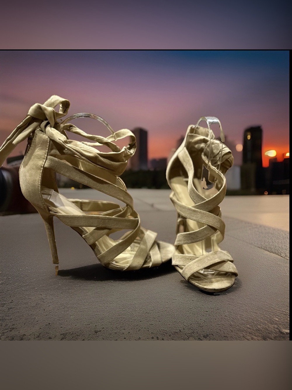 Wild Diva Size 8 Tan Suede Strappy Ankle Tie Heels